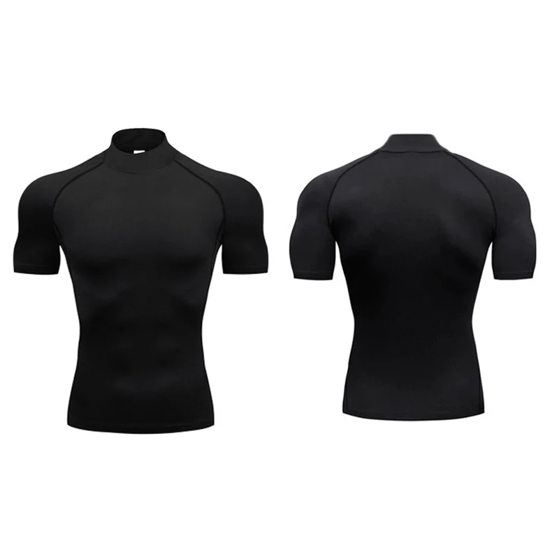 Plain Compression T Shirts Mens Summer Running T-shirts Turtleneck Elastic Quick Dry Sport Tees Athletic Gym Short Sleeve Shirt