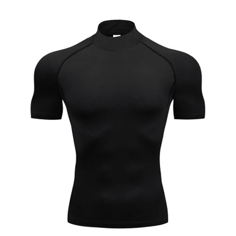 Plain Compression T Shirts Mens Summer Running T-shirts Turtleneck Elastic Quick Dry Sport Tees Athletic Gym Short Sleeve Shirt