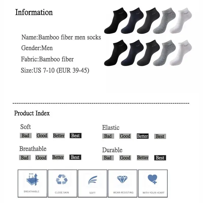 5Pairs/Lot Men's Bamboo Fiber Socks High Quality Business Casual Comfort Breathable Anti-bacterial Deodorant Men's Ankle Socks