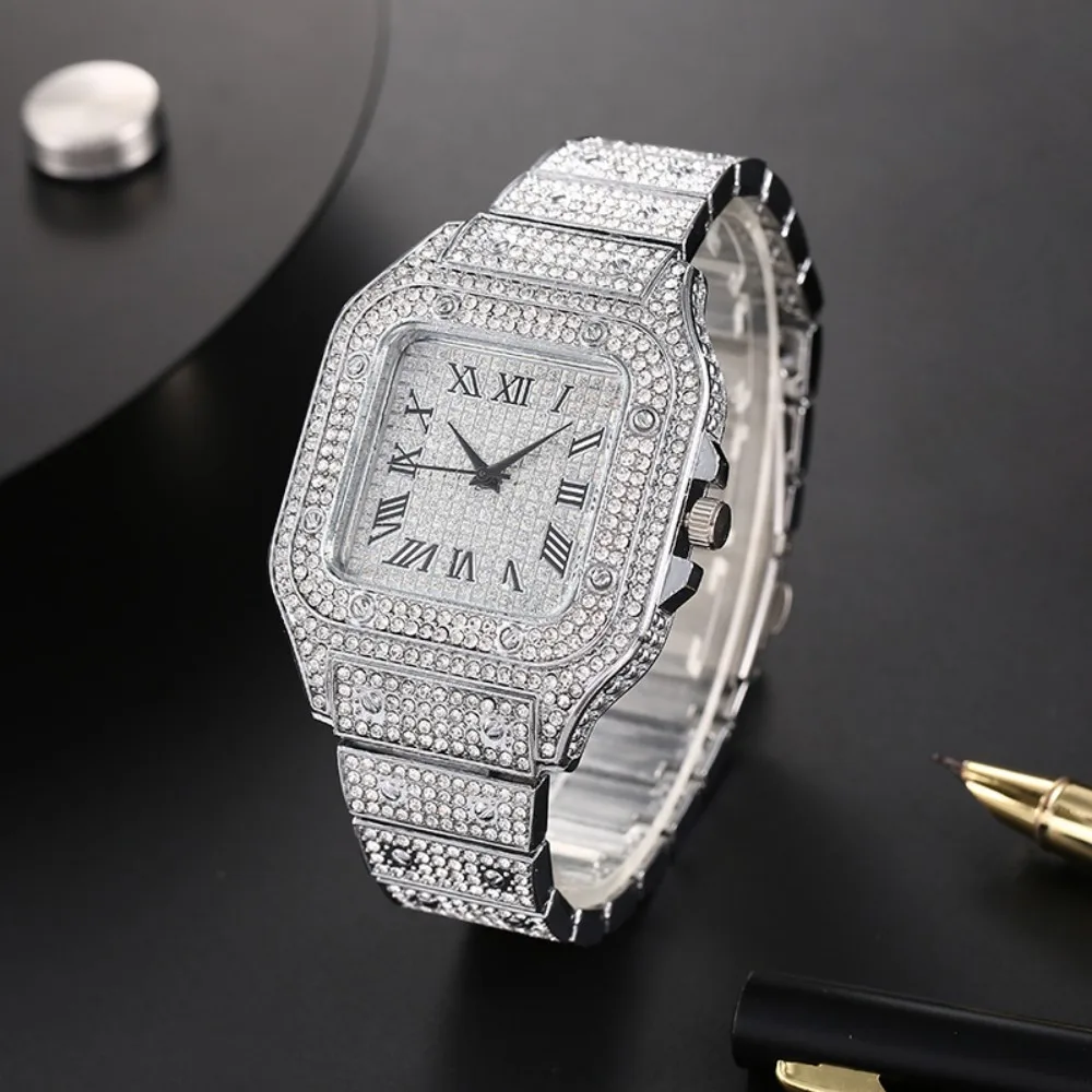 Classic Luxury Business Men's Steel Strap Square Roman Scale Rhinestone Quartz Watch Lesiure Male Wristwatch Relogio Masculino