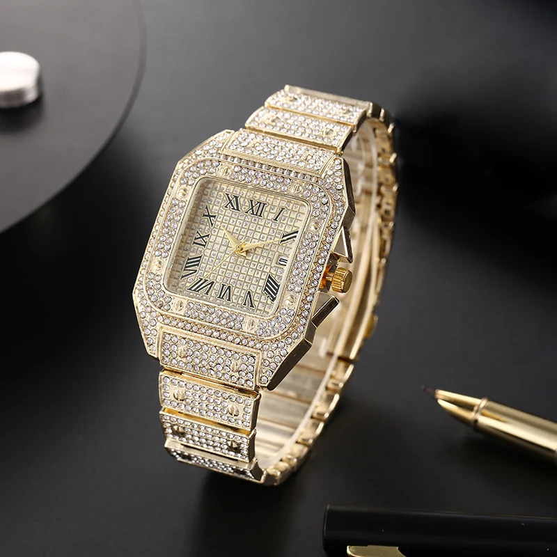 Classic Luxury Business Men's Steel Strap Square Roman Scale Rhinestone Quartz Watch Lesiure Male Wristwatch Relogio Masculino