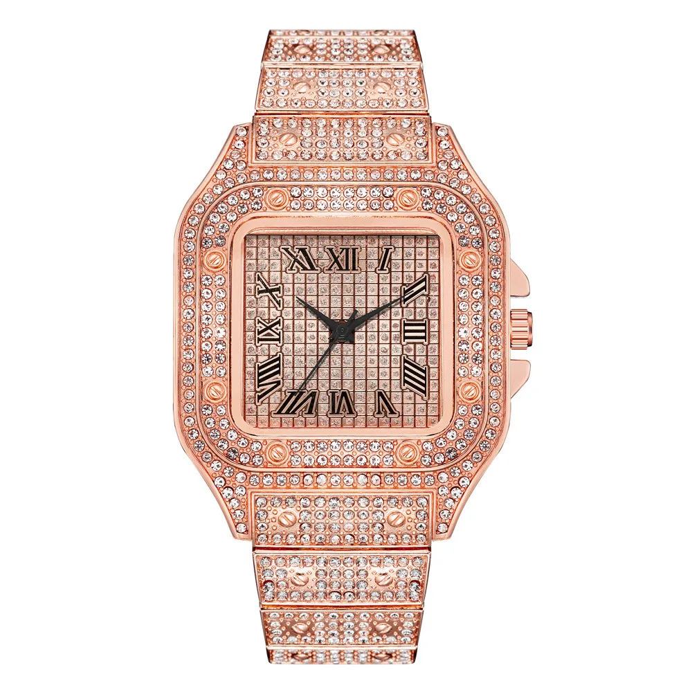 Classic Luxury Business Men's Steel Strap Square Roman Scale Rhinestone Quartz Watch Lesiure Male Wristwatch Relogio Masculino