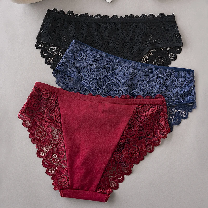 5PCS/Set Soli Color Cotton Panties Women's Lace Floral Embroidery Briefs Solid Color Sexy Female Underwear Lingerie