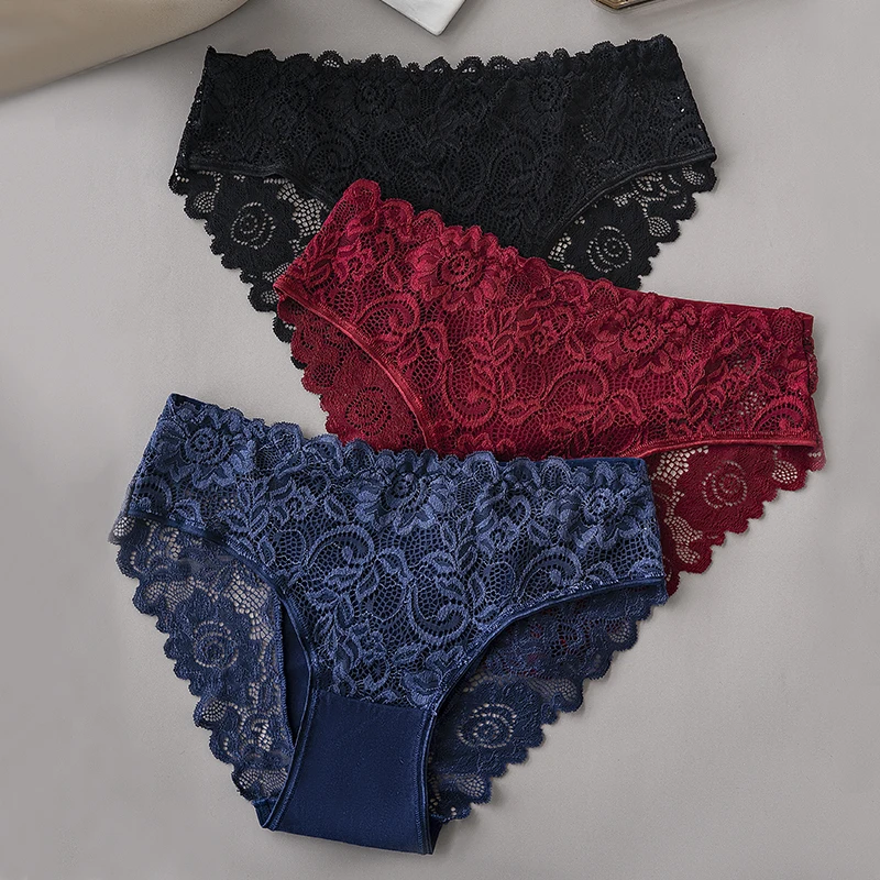 5PCS/Set Soli Color Cotton Panties Women's Lace Floral Embroidery Briefs Solid Color Sexy Female Underwear Lingerie