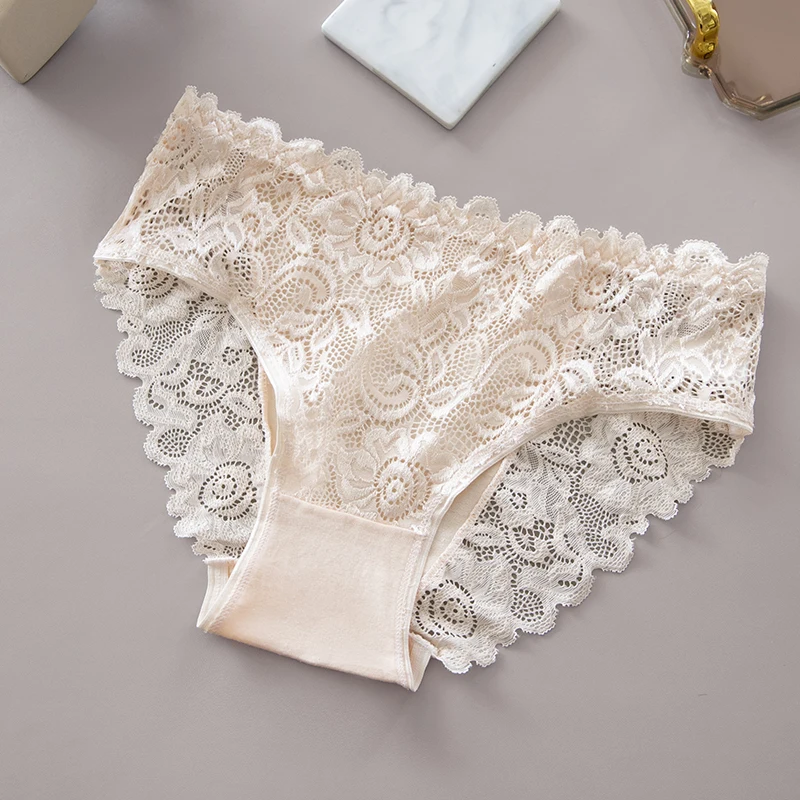 5PCS/Set Soli Color Cotton Panties Women's Lace Floral Embroidery Briefs Solid Color Sexy Female Underwear Lingerie