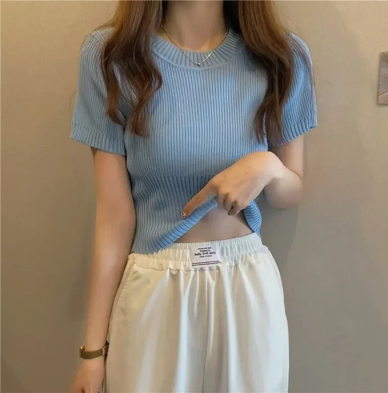 Spring Summer Casual Short Sleeve Crop Tops Knitted T-Shirt Women Pullover Shirts Tops Female Elastic Slim Knit Tee T-Shirts