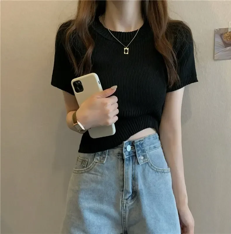 Spring Summer Casual Short Sleeve Crop Tops Knitted T-Shirt Women Pullover Shirts Tops Female Elastic Slim Knit Tee T-Shirts