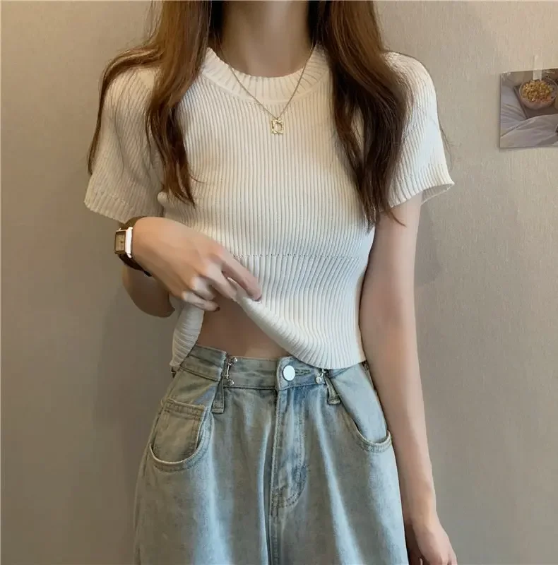 Spring Summer Casual Short Sleeve Crop Tops Knitted T-Shirt Women Pullover Shirts Tops Female Elastic Slim Knit Tee T-Shirts