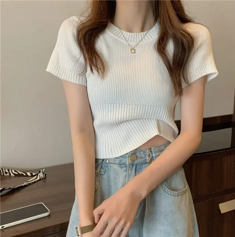 Spring Summer Casual Short Sleeve Crop Tops Knitted T-Shirt Women Pullover Shirts Tops Female Elastic Slim Knit Tee T-Shirts