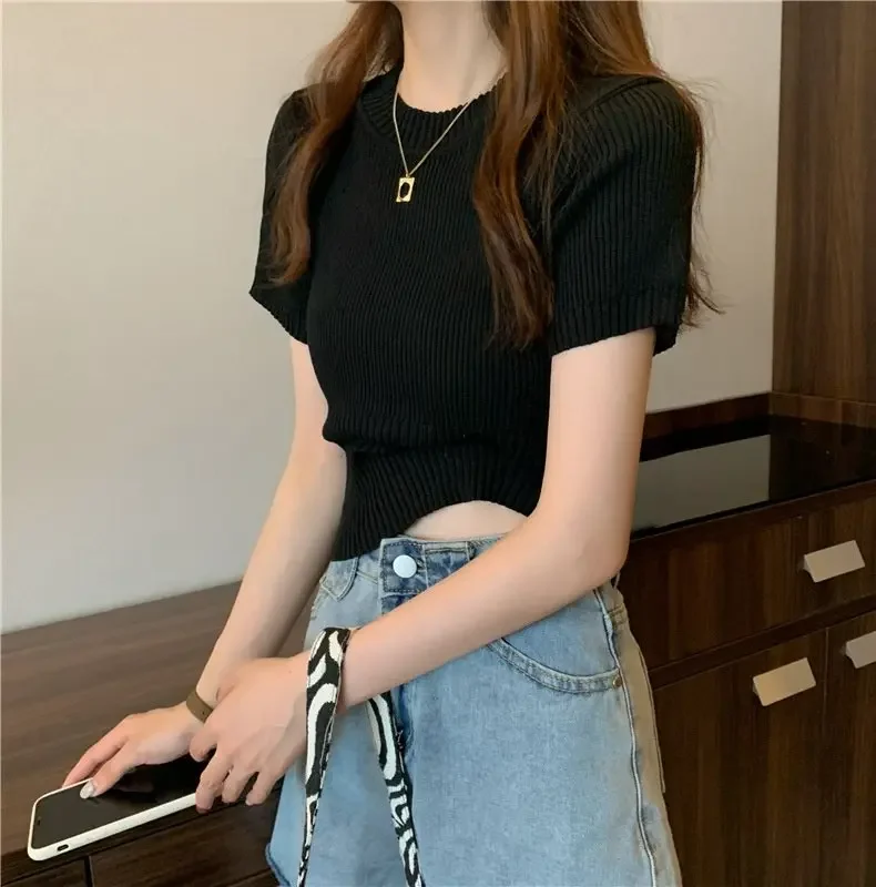Spring Summer Casual Short Sleeve Crop Tops Knitted T-Shirt Women Pullover Shirts Tops Female Elastic Slim Knit Tee T-Shirts