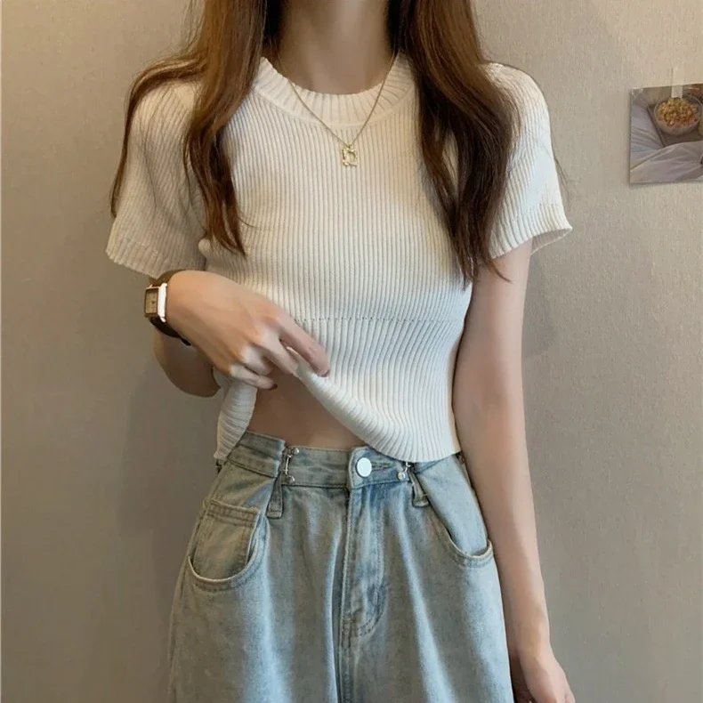 Spring Summer Casual Short Sleeve Crop Tops Knitted T-Shirt Women Pullover Shirts Tops Female Elastic Slim Knit Tee T-Shirts