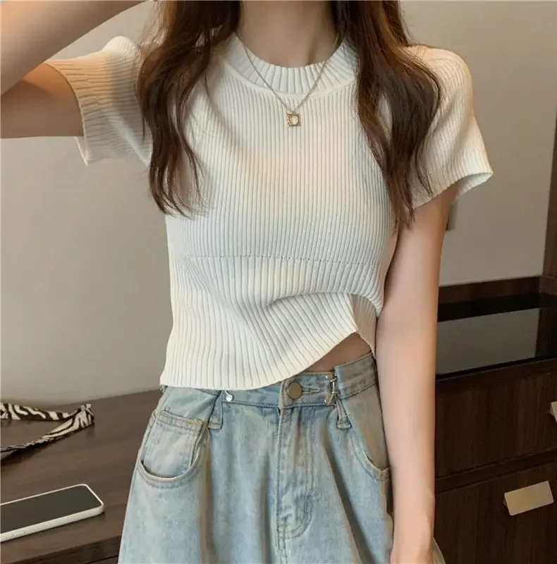Spring Summer Casual Short Sleeve Crop Tops Knitted T-Shirt Women Pullover Shirts Tops Female Elastic Slim Knit Tee T-Shirts