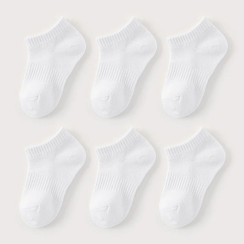 6 Pairs Kids Socks Breathable Mesh Girls Ankle Socks White Black Solid Colors Boys Sports Socks for Spring Summer