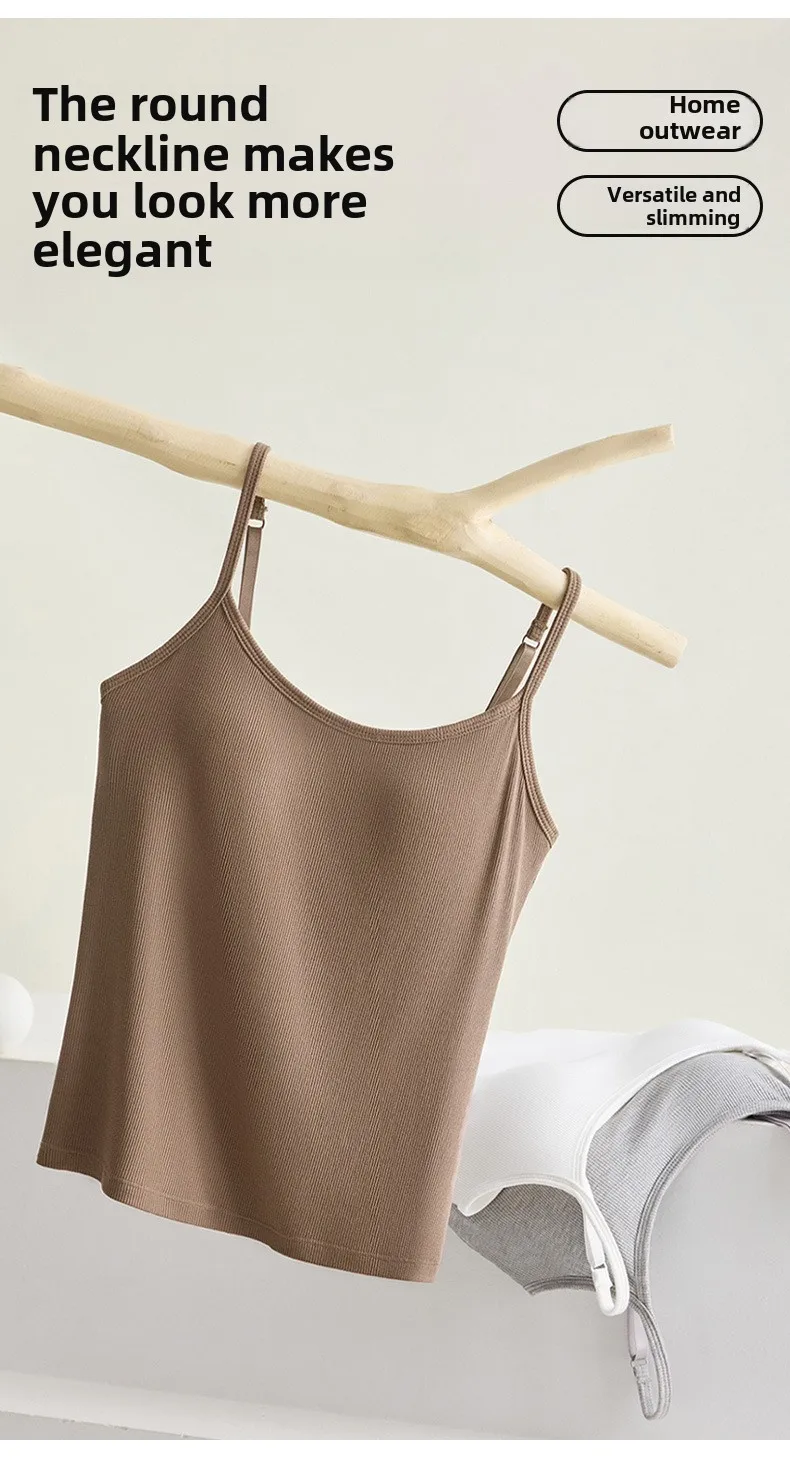 New Threaded Cotton Texture High Elastic Camisole Top with Build-in Bra Slim Bottom Sling Round Neck Fixed Cup Breathable Top
