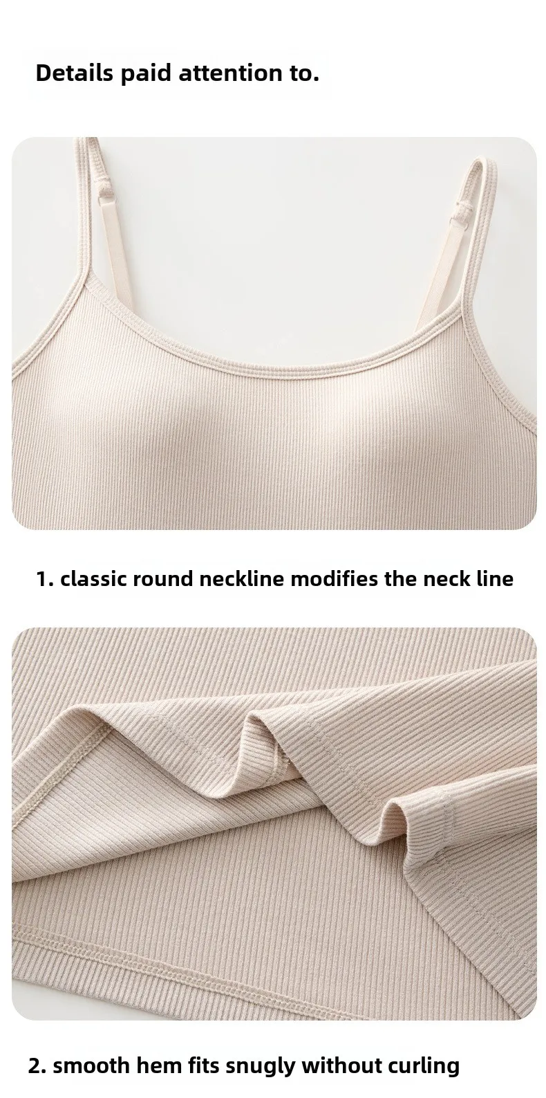 New Threaded Cotton Texture High Elastic Camisole Top with Build-in Bra Slim Bottom Sling Round Neck Fixed Cup Breathable Top