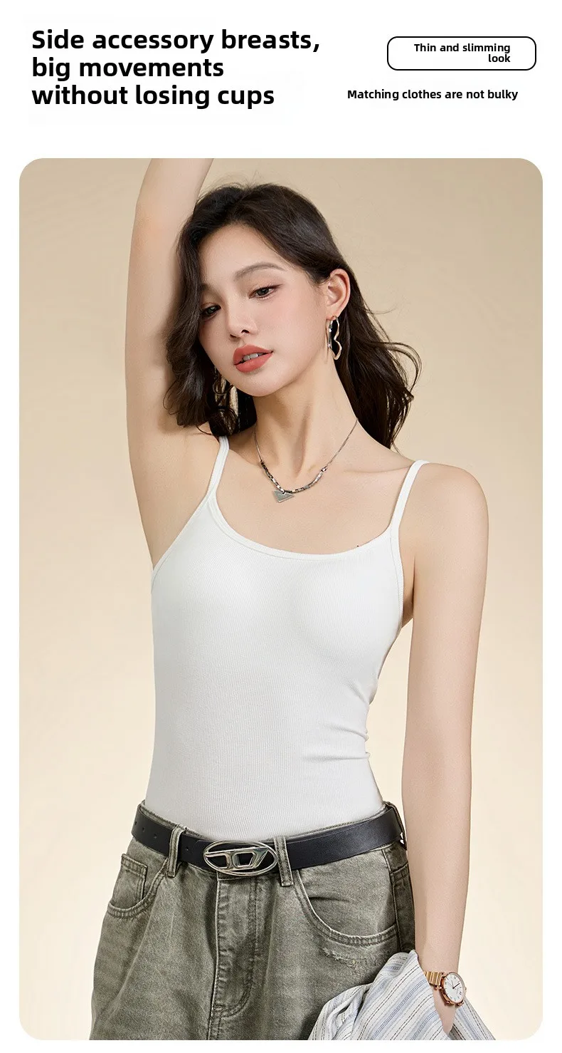 New Threaded Cotton Texture High Elastic Camisole Top with Build-in Bra Slim Bottom Sling Round Neck Fixed Cup Breathable Top