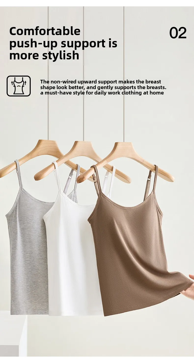 New Threaded Cotton Texture High Elastic Camisole Top with Build-in Bra Slim Bottom Sling Round Neck Fixed Cup Breathable Top