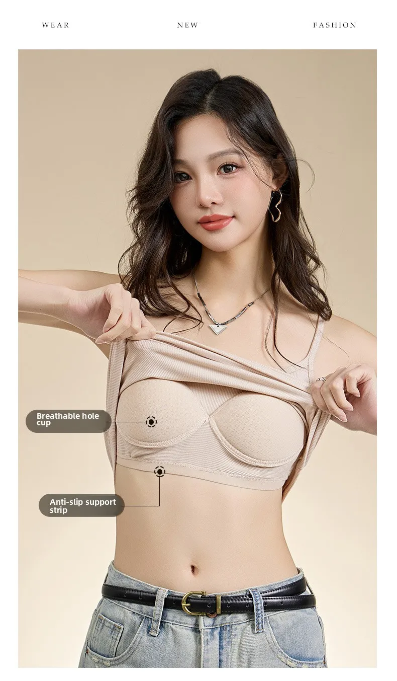 New Threaded Cotton Texture High Elastic Camisole Top with Build-in Bra Slim Bottom Sling Round Neck Fixed Cup Breathable Top