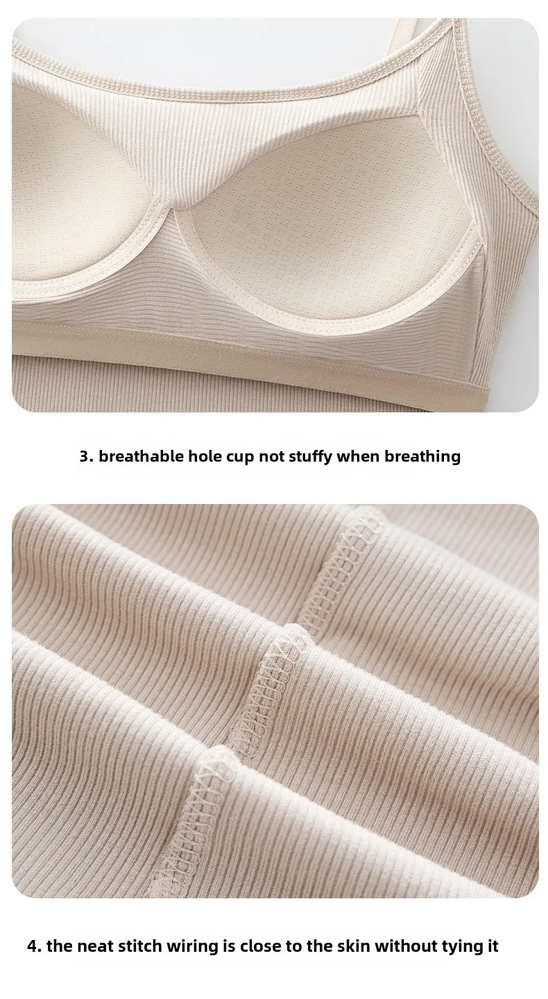 New Threaded Cotton Texture High Elastic Camisole Top with Build-in Bra Slim Bottom Sling Round Neck Fixed Cup Breathable Top