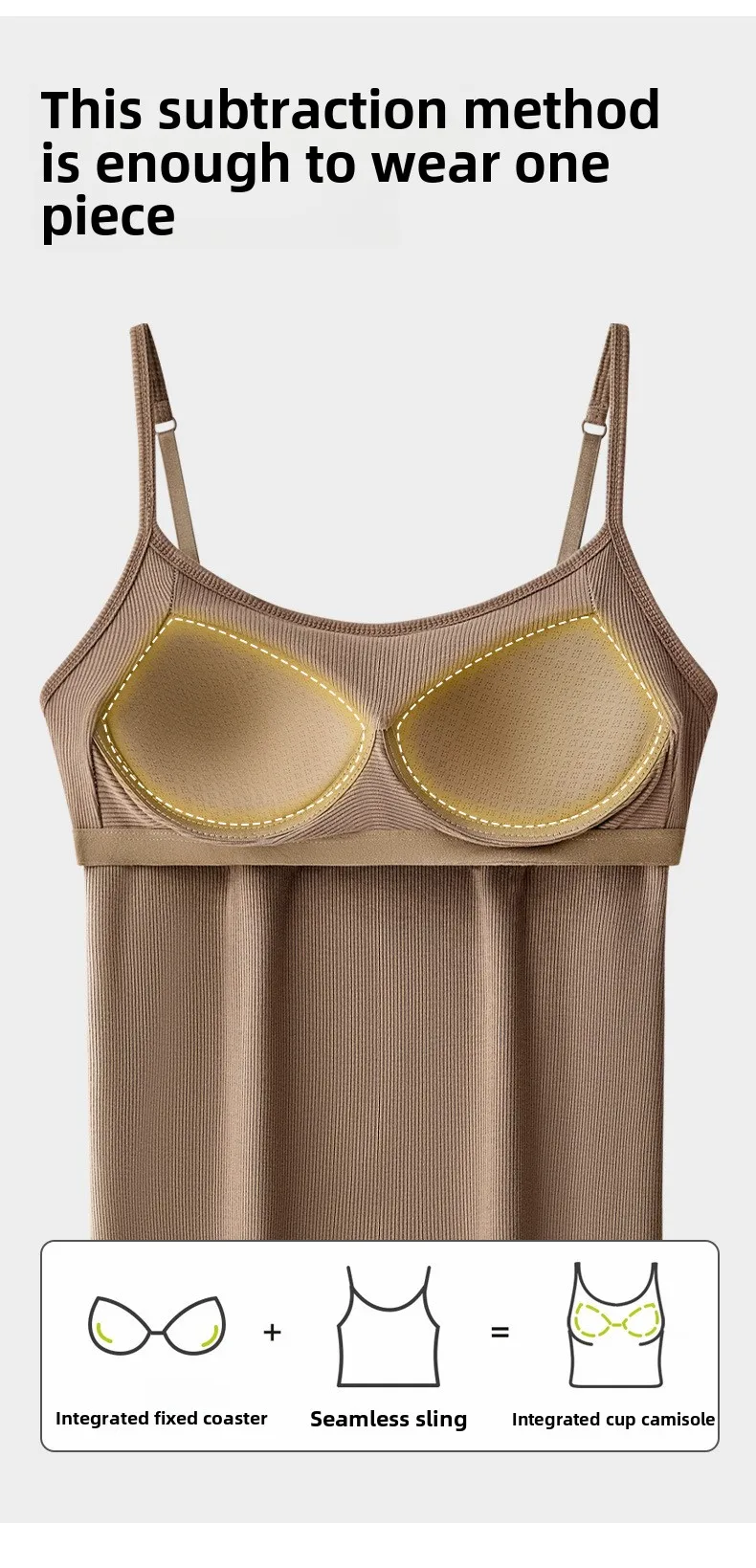 New Threaded Cotton Texture High Elastic Camisole Top with Build-in Bra Slim Bottom Sling Round Neck Fixed Cup Breathable Top