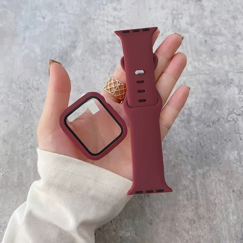 Glass+Case+band For Apple Watch bands 44mm 40mm 45mm 41-38mm 42mm Silicone sport bracelet iWatch series10 8 9 7 6 5 4 3 SE strap