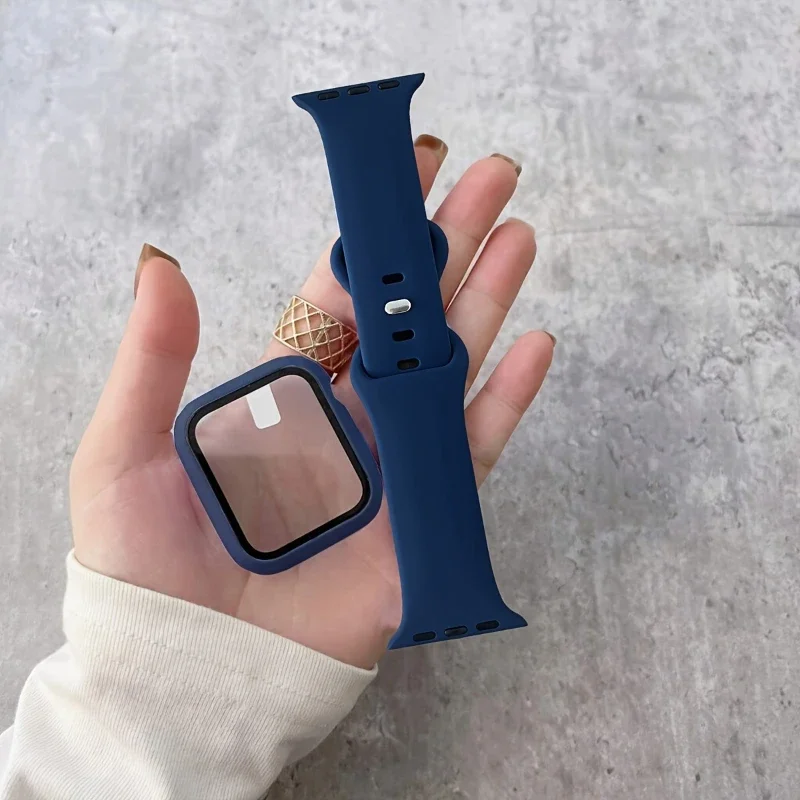 Glass+Case+band For Apple Watch bands 44mm 40mm 45mm 41-38mm 42mm Silicone sport bracelet iWatch series10 8 9 7 6 5 4 3 SE strap