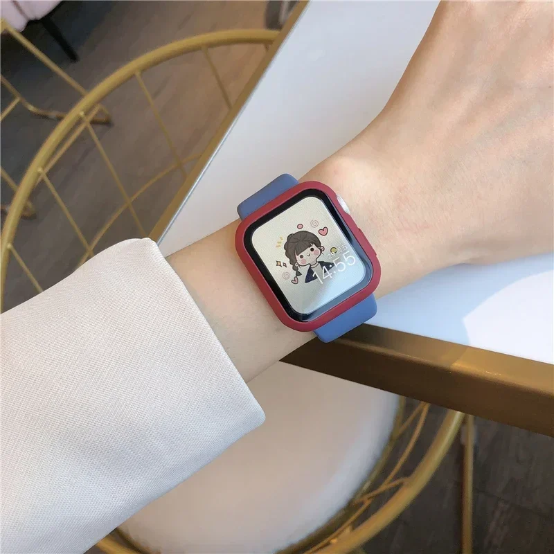 Glass+Case+band For Apple Watch bands 44mm 40mm 45mm 41-38mm 42mm Silicone sport bracelet iWatch series10 8 9 7 6 5 4 3 SE strap