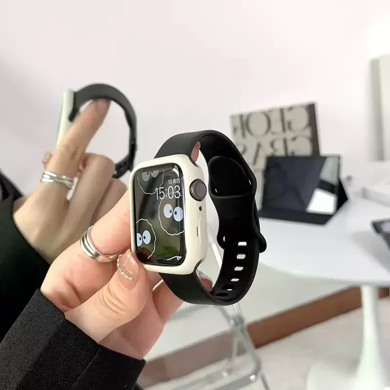 Glass+Case+band For Apple Watch bands 44mm 40mm 45mm 41-38mm 42mm Silicone sport bracelet iWatch series10 8 9 7 6 5 4 3 SE strap