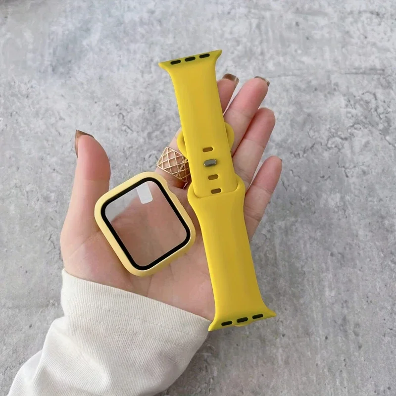 Glass+Case+band For Apple Watch bands 44mm 40mm 45mm 41-38mm 42mm Silicone sport bracelet iWatch series10 8 9 7 6 5 4 3 SE strap