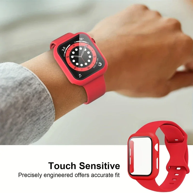 Glass+Case+band For Apple Watch bands 44mm 40mm 45mm 41-38mm 42mm Silicone sport bracelet iWatch series10 8 9 7 6 5 4 3 SE strap