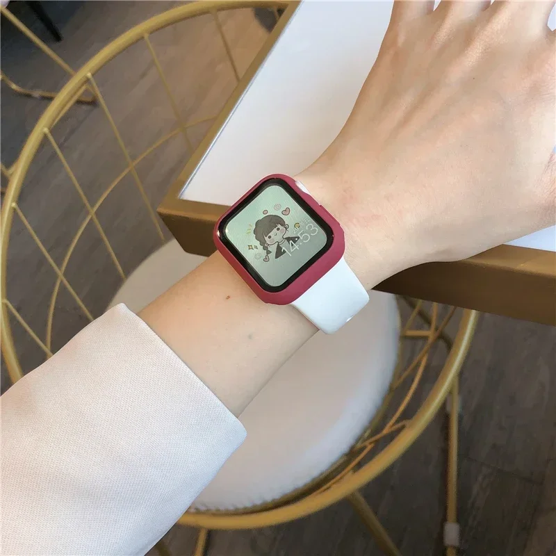 Glass+Case+band For Apple Watch bands 44mm 40mm 45mm 41-38mm 42mm Silicone sport bracelet iWatch series10 8 9 7 6 5 4 3 SE strap