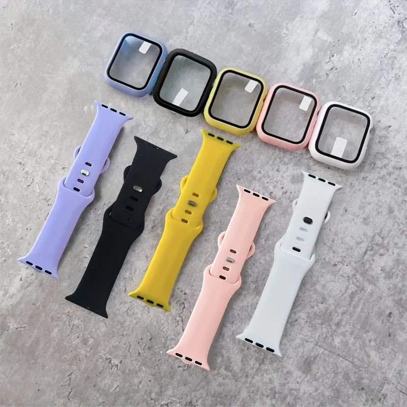 Glass+Case+band For Apple Watch bands 44mm 40mm 45mm 41-38mm 42mm Silicone sport bracelet iWatch series10 8 9 7 6 5 4 3 SE strap