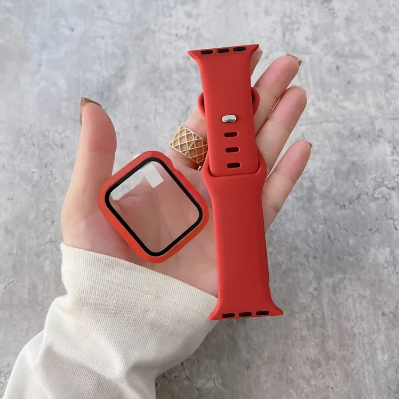 Glass+Case+band For Apple Watch bands 44mm 40mm 45mm 41-38mm 42mm Silicone sport bracelet iWatch series10 8 9 7 6 5 4 3 SE strap
