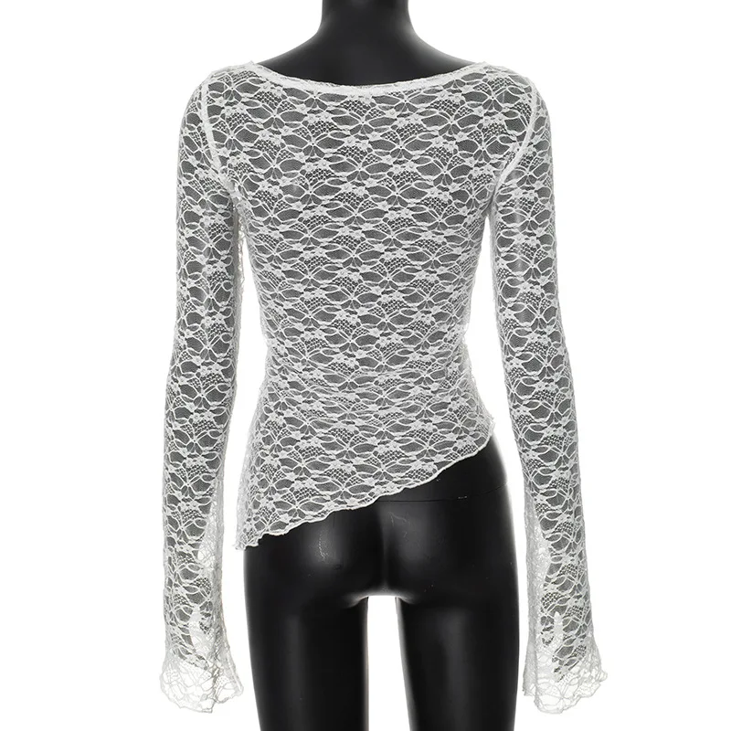 2025 Spring And Summer Women'S New Solid Color Lace Slant Hem Sexy Long Sleeve T-Shirt Top Fashion Spice Girl Lace Tops