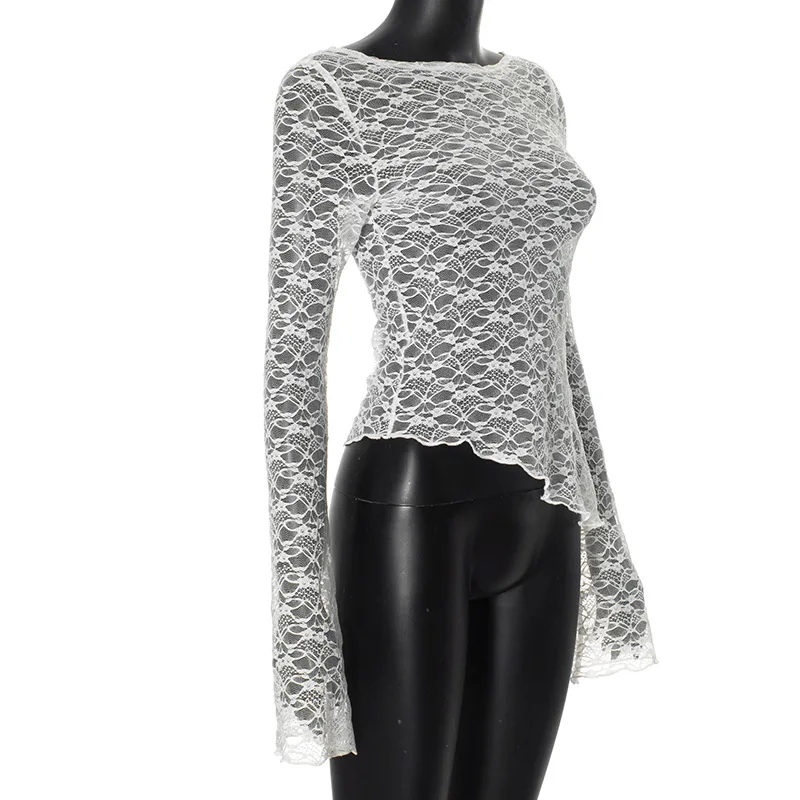 2025 Spring And Summer Women'S New Solid Color Lace Slant Hem Sexy Long Sleeve T-Shirt Top Fashion Spice Girl Lace Tops