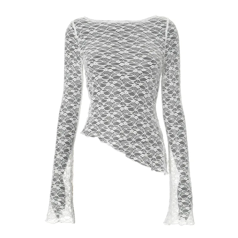 2025 Spring And Summer Women'S New Solid Color Lace Slant Hem Sexy Long Sleeve T-Shirt Top Fashion Spice Girl Lace Tops
