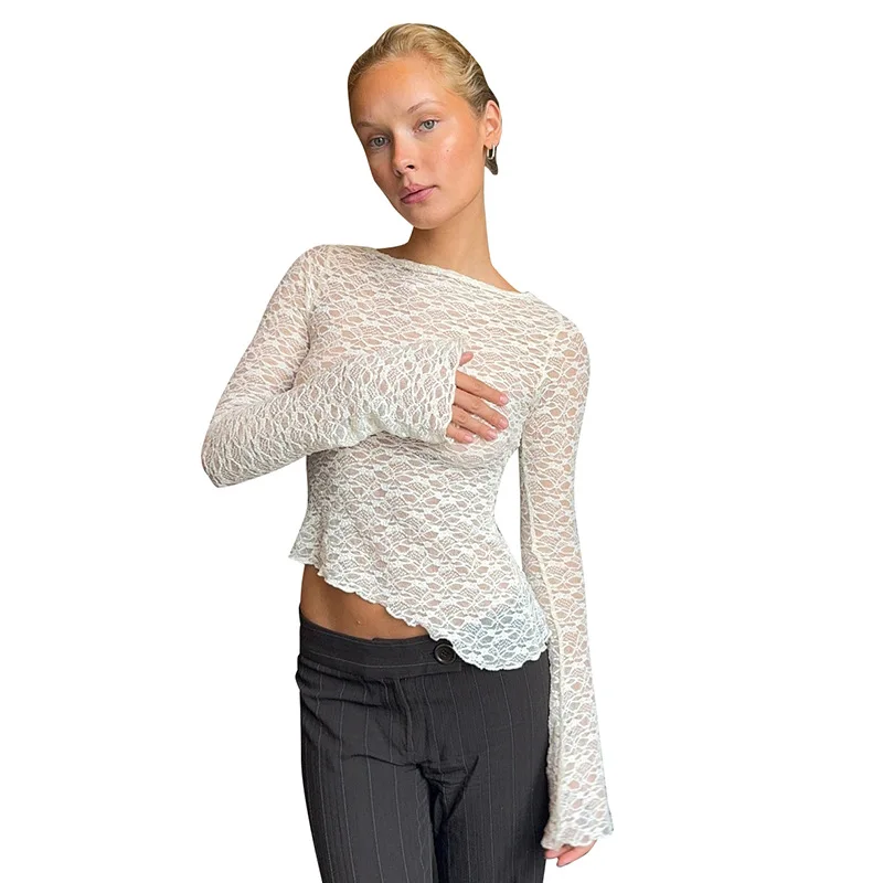 2025 Spring And Summer Women'S New Solid Color Lace Slant Hem Sexy Long Sleeve T-Shirt Top Fashion Spice Girl Lace Tops