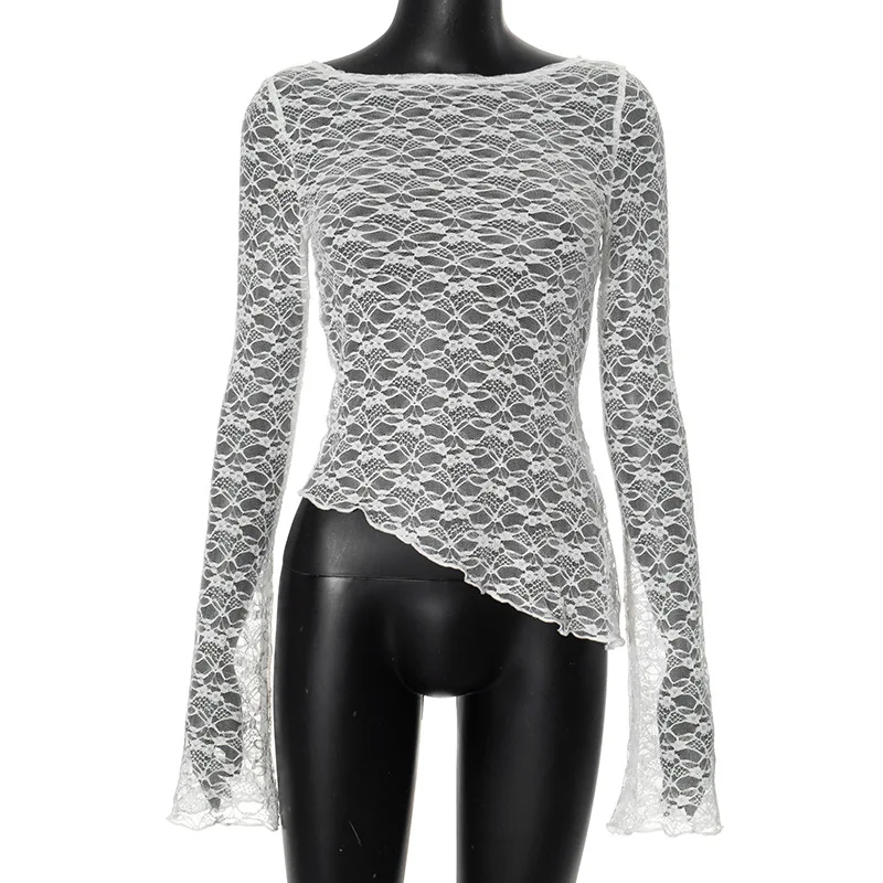 2025 Spring And Summer Women'S New Solid Color Lace Slant Hem Sexy Long Sleeve T-Shirt Top Fashion Spice Girl Lace Tops