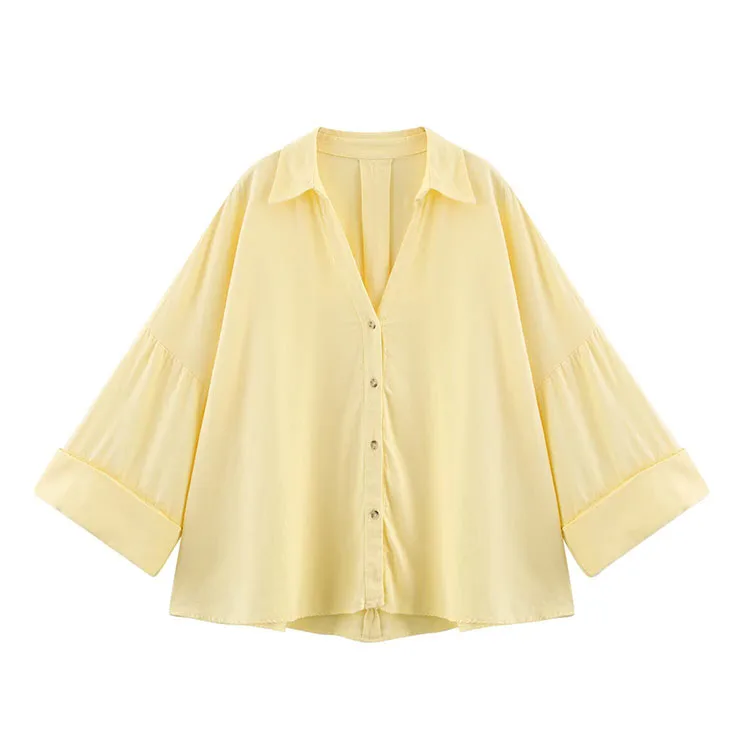 HipSeam Wide Sleeved Shirt Women Spring Asymmetric Hem Button Women's Shirts Simple Lady Johnny Collar Shirts & Blouses