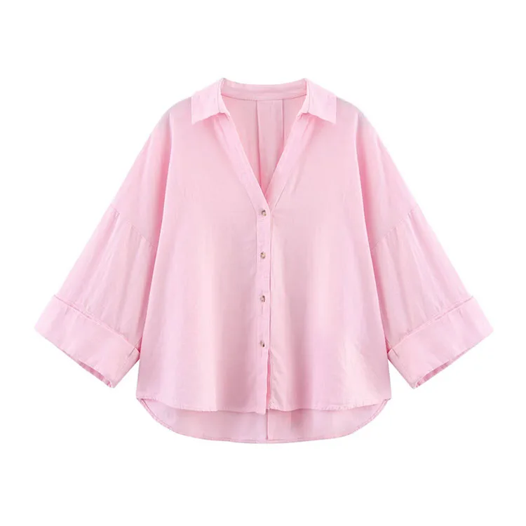 HipSeam Wide Sleeved Shirt Women Spring Asymmetric Hem Button Women's Shirts Simple Lady Johnny Collar Shirts & Blouses