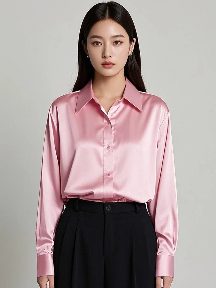 Korean Office Lady Trend Casual Shirt Elegant Blouses For Women Satin Multicolor Basic Slim Shirt Solid All-Match Top French New
