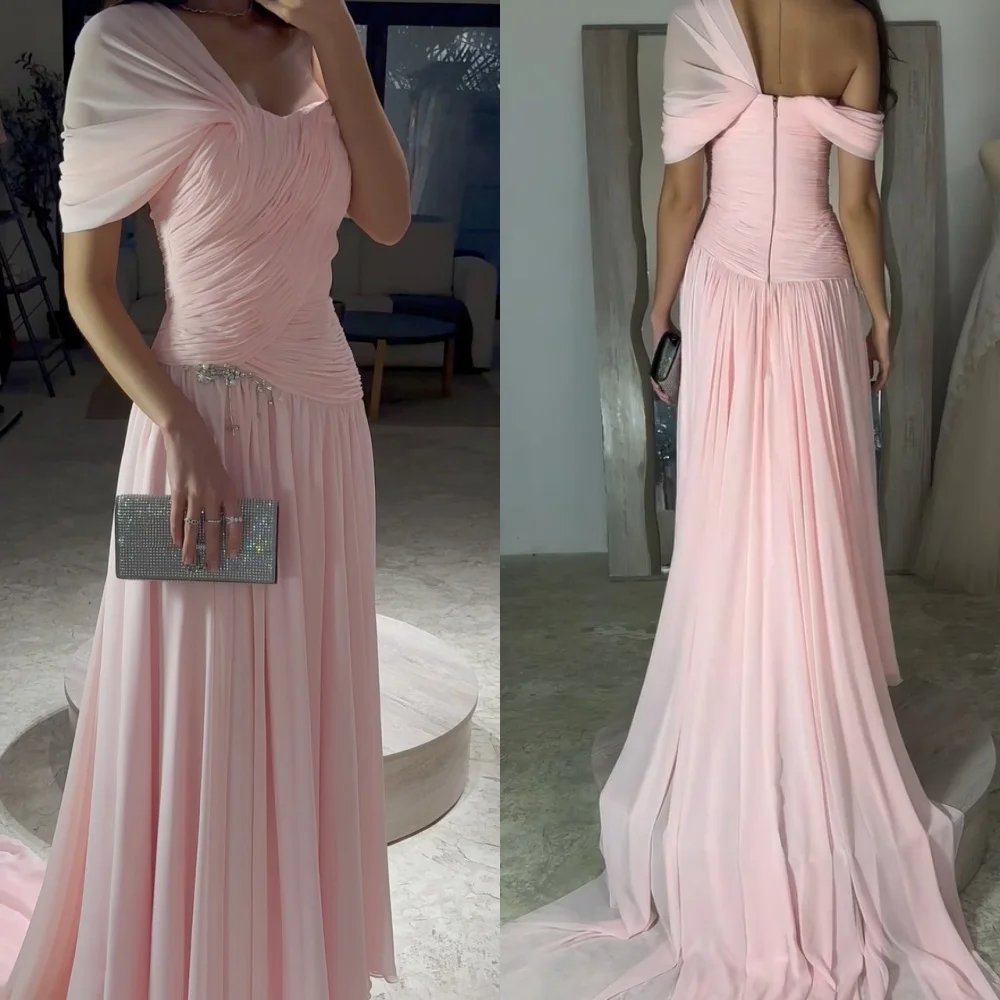 Customized Chiffon Pearl Pleat A-line Off-the-shoulder Long Dresses Bespoke Occasion Party Exquisite Modern Style