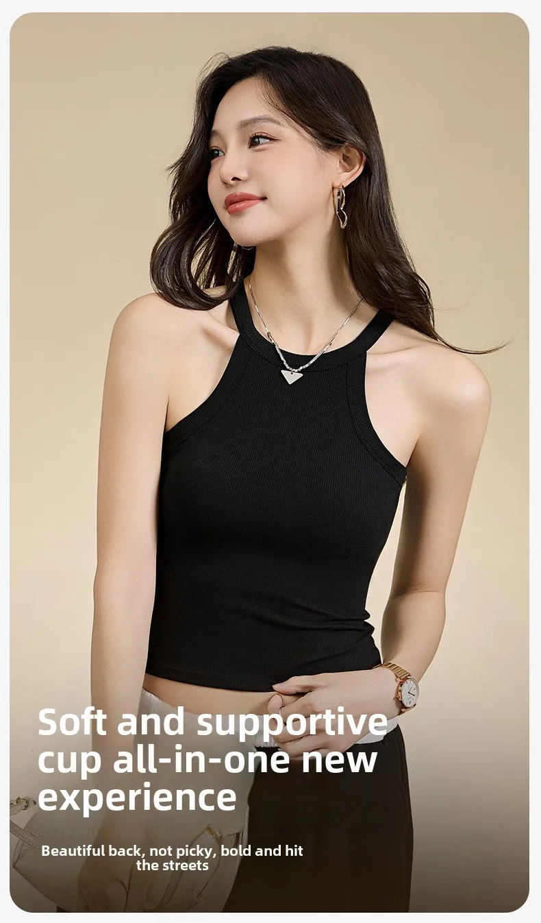 Threaded Halter Neck Camisole Top With Build-in Bra High Elastic Slim-fitting Sling Fixed Cup Breathable Women Underwear
