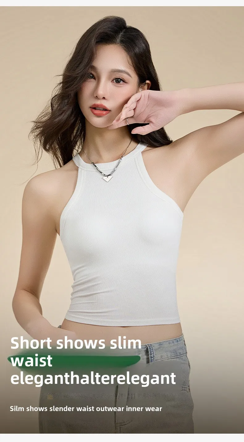 Threaded Halter Neck Camisole Top With Build-in Bra High Elastic Slim-fitting Sling Fixed Cup Breathable Women Underwear