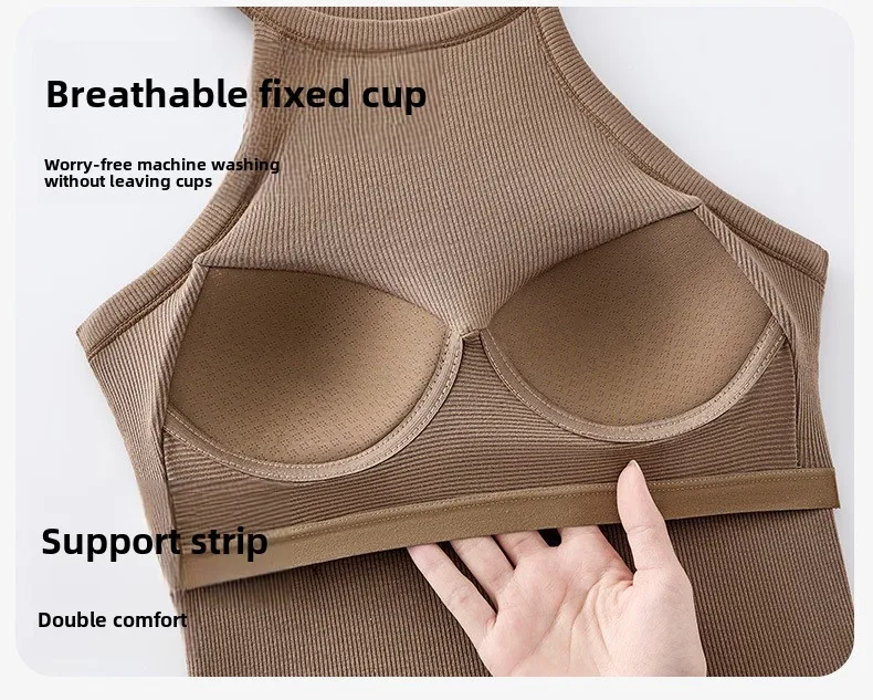 Threaded Halter Neck Camisole Top With Build-in Bra High Elastic Slim-fitting Sling Fixed Cup Breathable Women Underwear