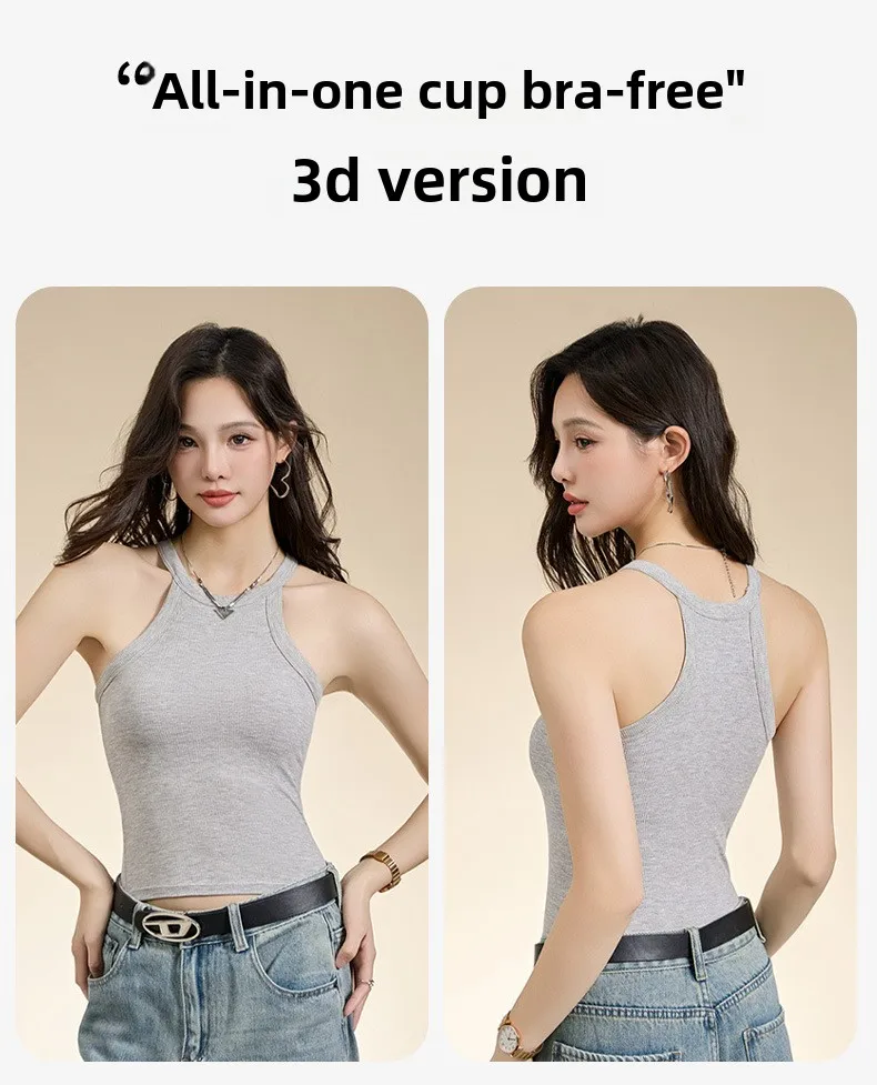 Threaded Halter Neck Camisole Top With Build-in Bra High Elastic Slim-fitting Sling Fixed Cup Breathable Women Underwear