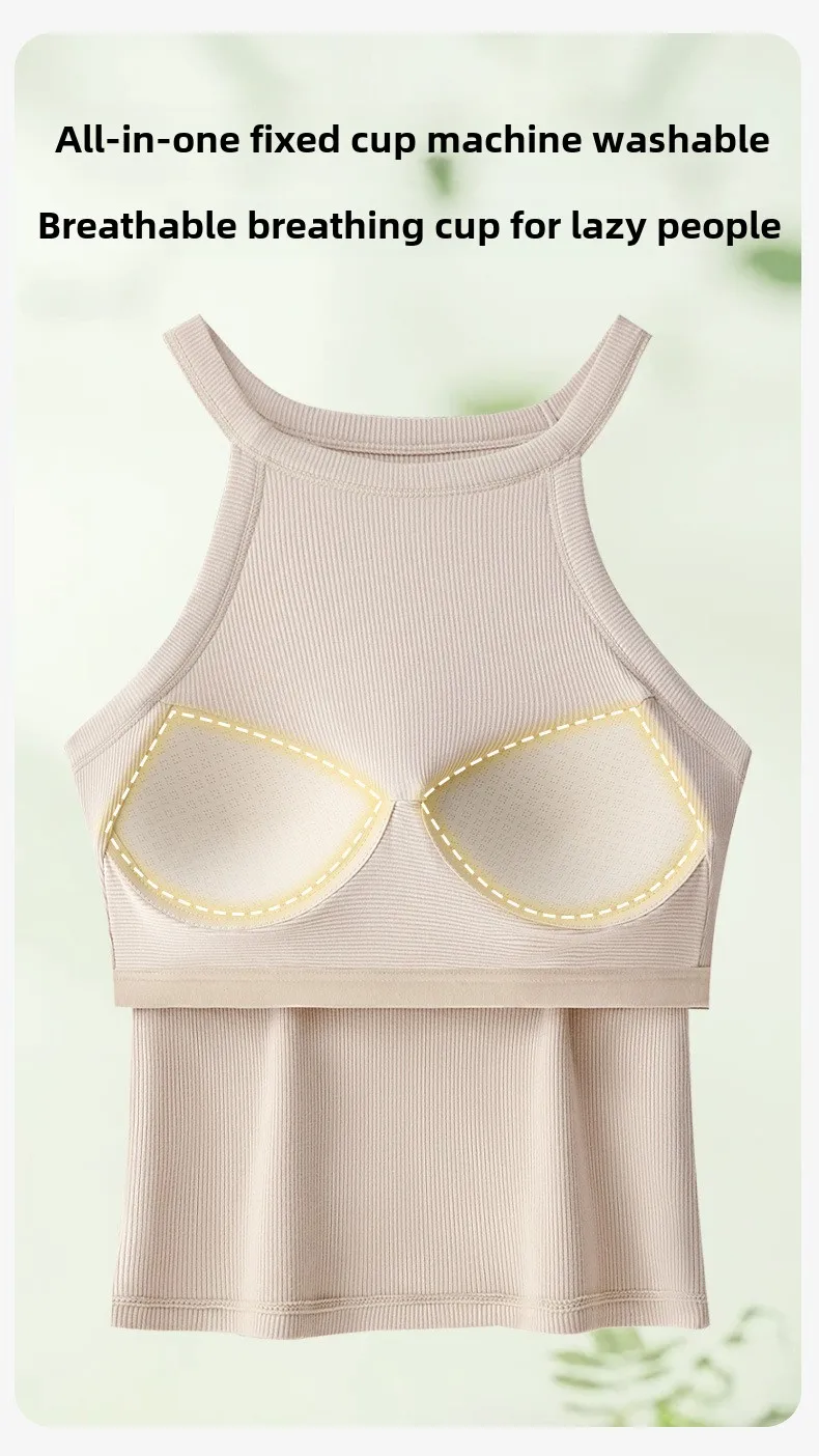 Threaded Halter Neck Camisole Top With Build-in Bra High Elastic Slim-fitting Sling Fixed Cup Breathable Women Underwear