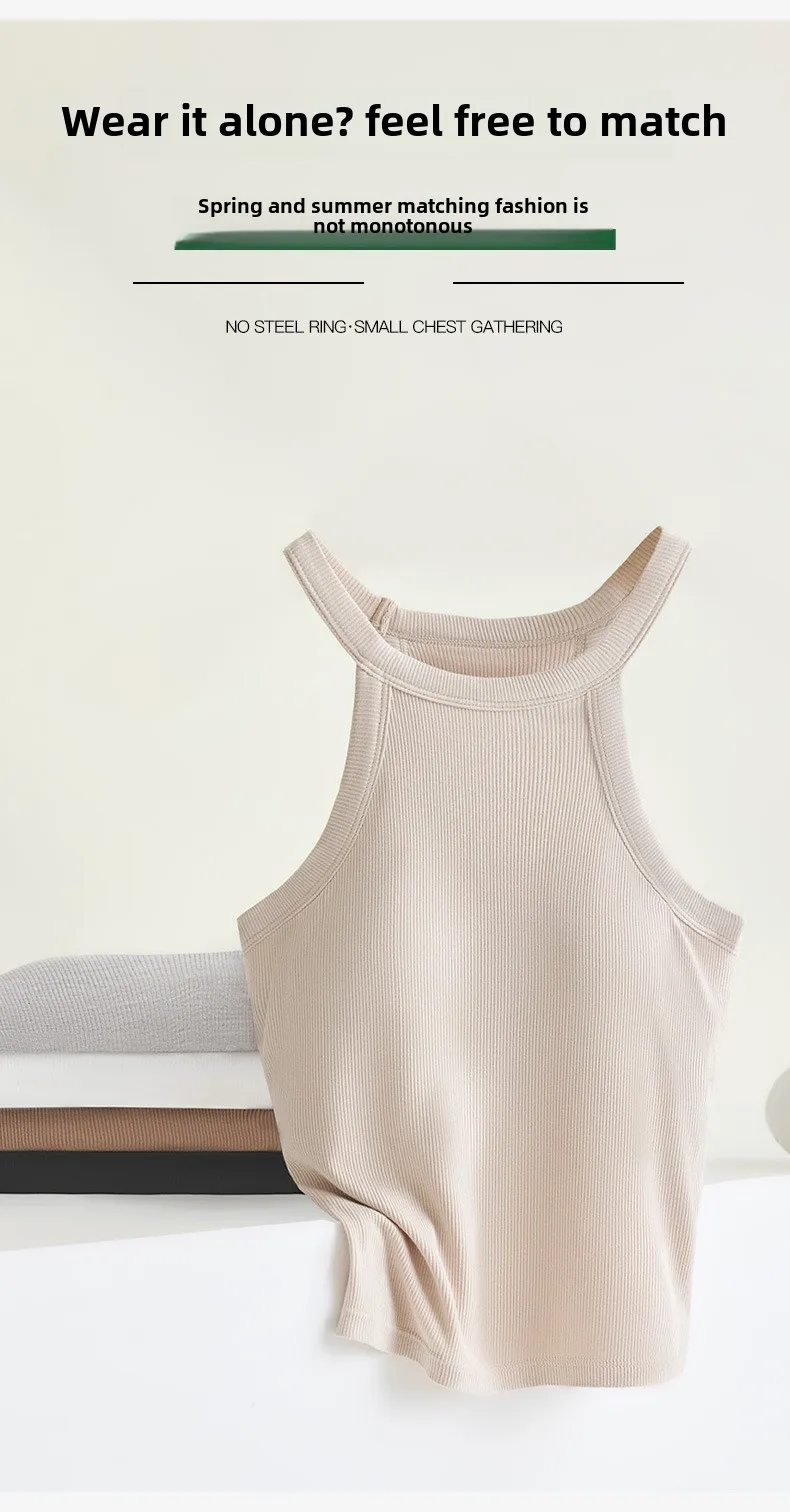 Threaded Halter Neck Camisole Top With Build-in Bra High Elastic Slim-fitting Sling Fixed Cup Breathable Women Underwear
