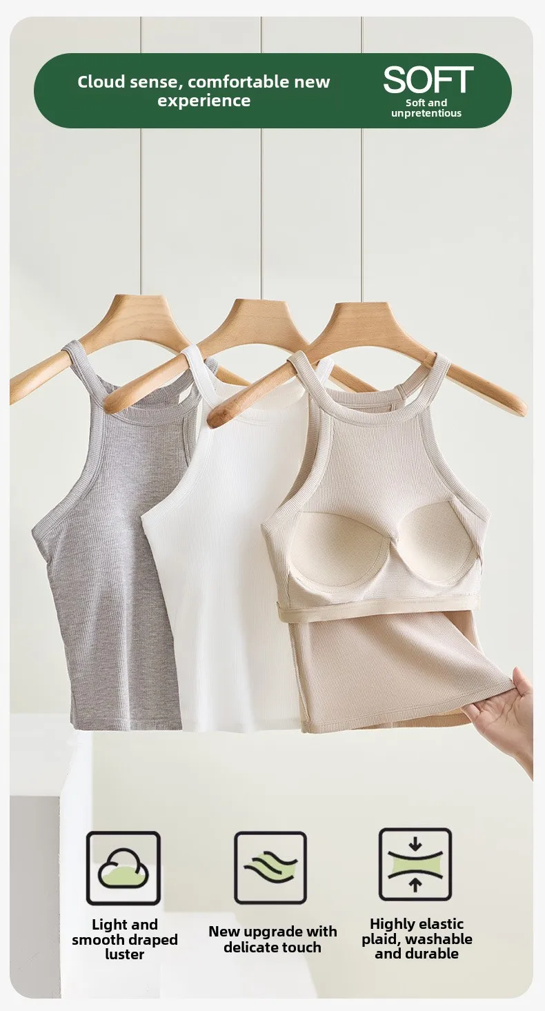 Threaded Halter Neck Camisole Top With Build-in Bra High Elastic Slim-fitting Sling Fixed Cup Breathable Women Underwear