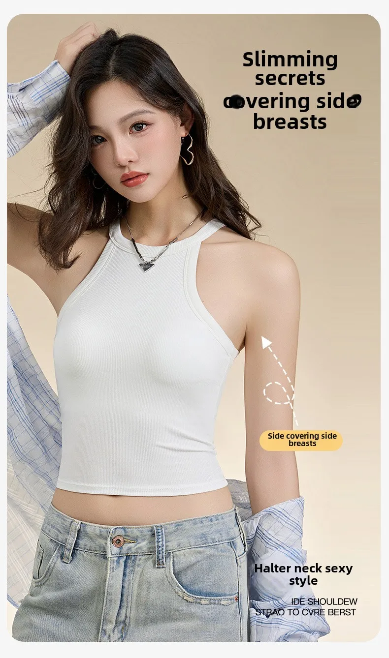 Threaded Halter Neck Camisole Top With Build-in Bra High Elastic Slim-fitting Sling Fixed Cup Breathable Women Underwear